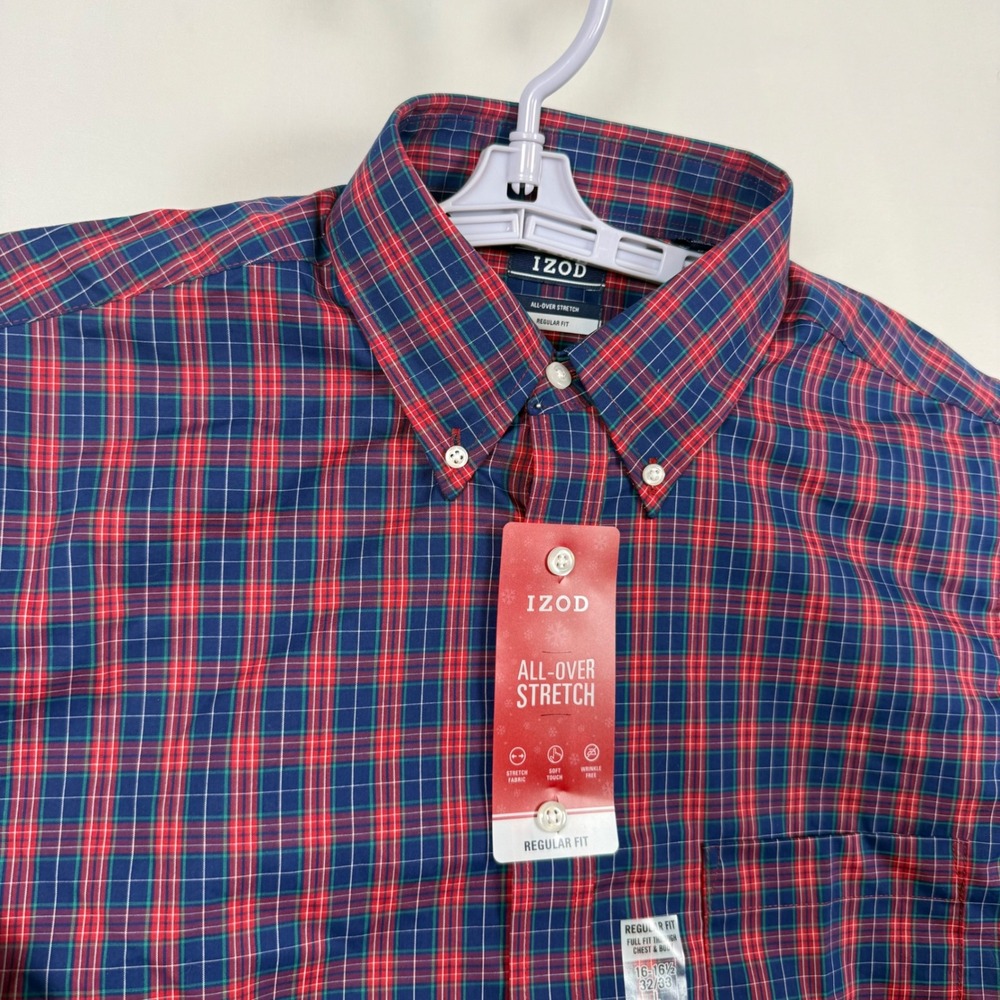 IZOD Mens Large Classic Plaid Long Sleeve Button Down Shirt Red Blue Stretch NWT